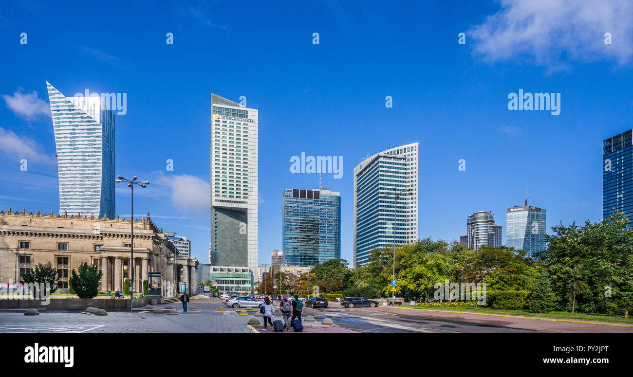 view of the Warsaw skysraper skyline from the northside of the Palace of Culture and Science, skyscrapers from left to right: Złota 44 residential sky Stock Photo
