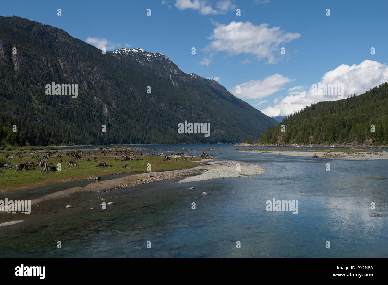 Thelwood Creek flowing into Buttle Lake on Vancouver Island, British Columbia, Canada Stock