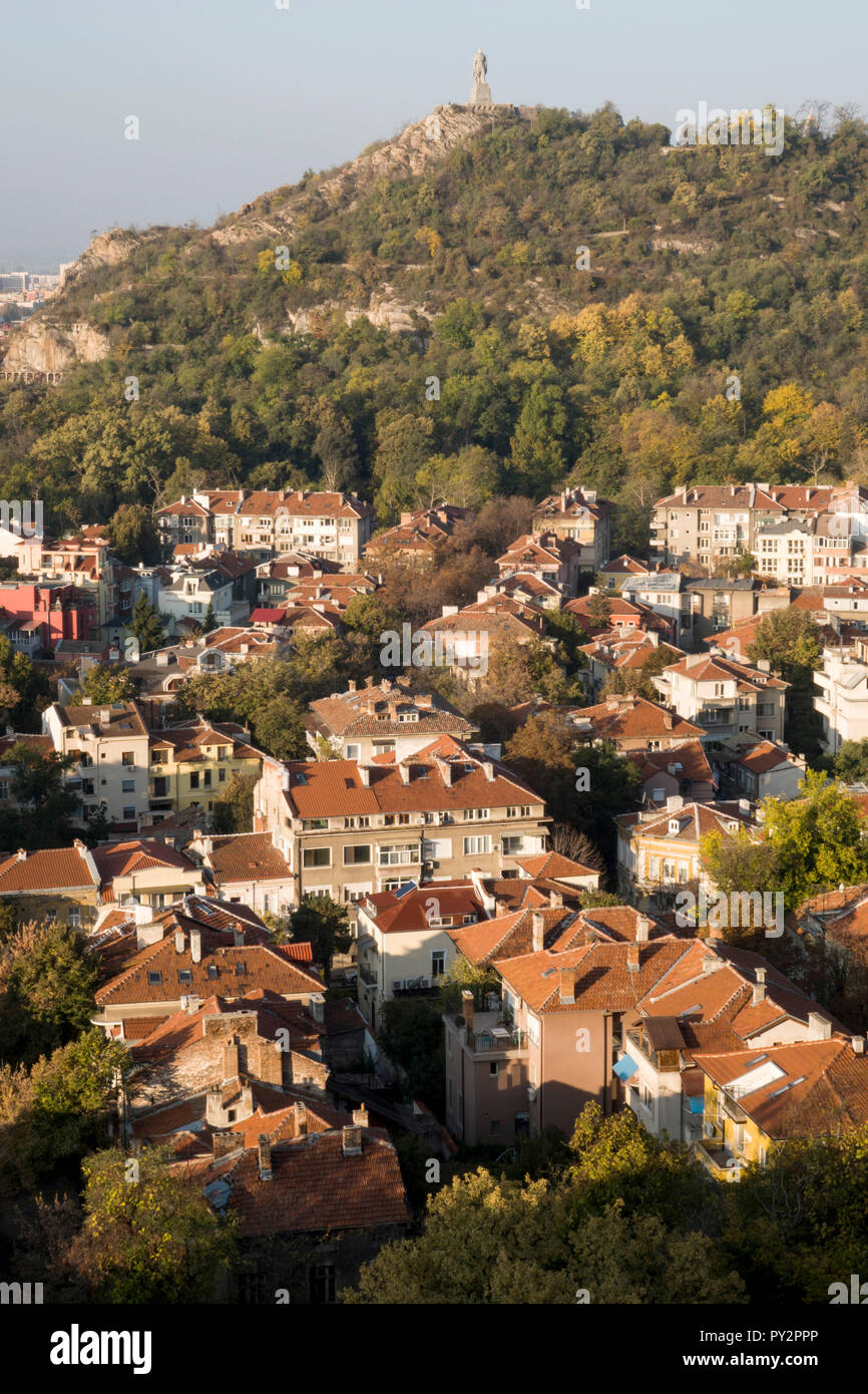 High angle scenic view of residential area and autumn trees in Plovdiv, Bulgaria Stock Photo