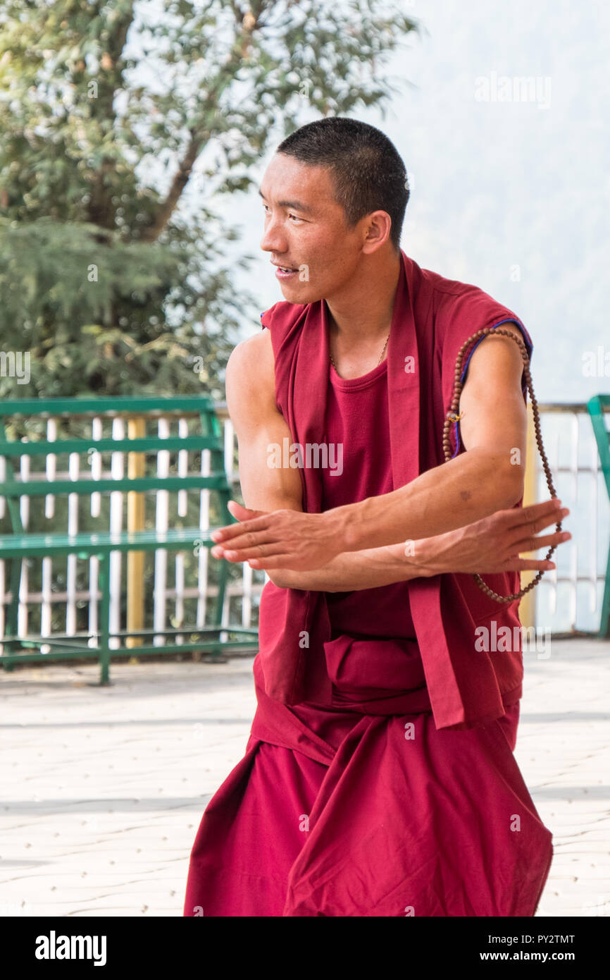 Tibetan monk engaged in lively debate at Buddhist temple in Dharamshala, India Stock Photo