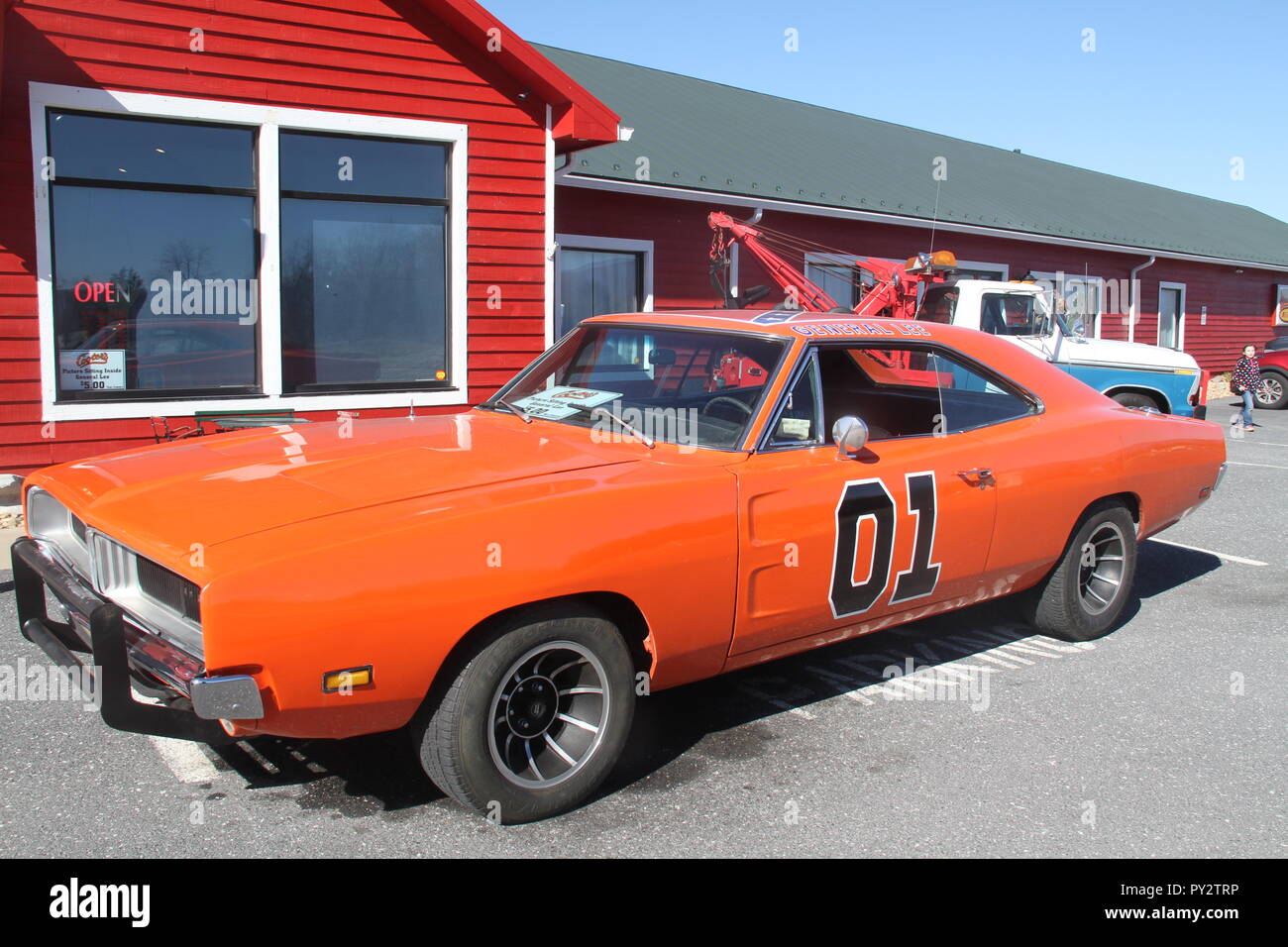 'The General Lee' Dodge Charger from the television series 'The Dukes of Hazzard', displayed at the Dukes of Hazzard museum in Luray, VA, USA Stock Photo