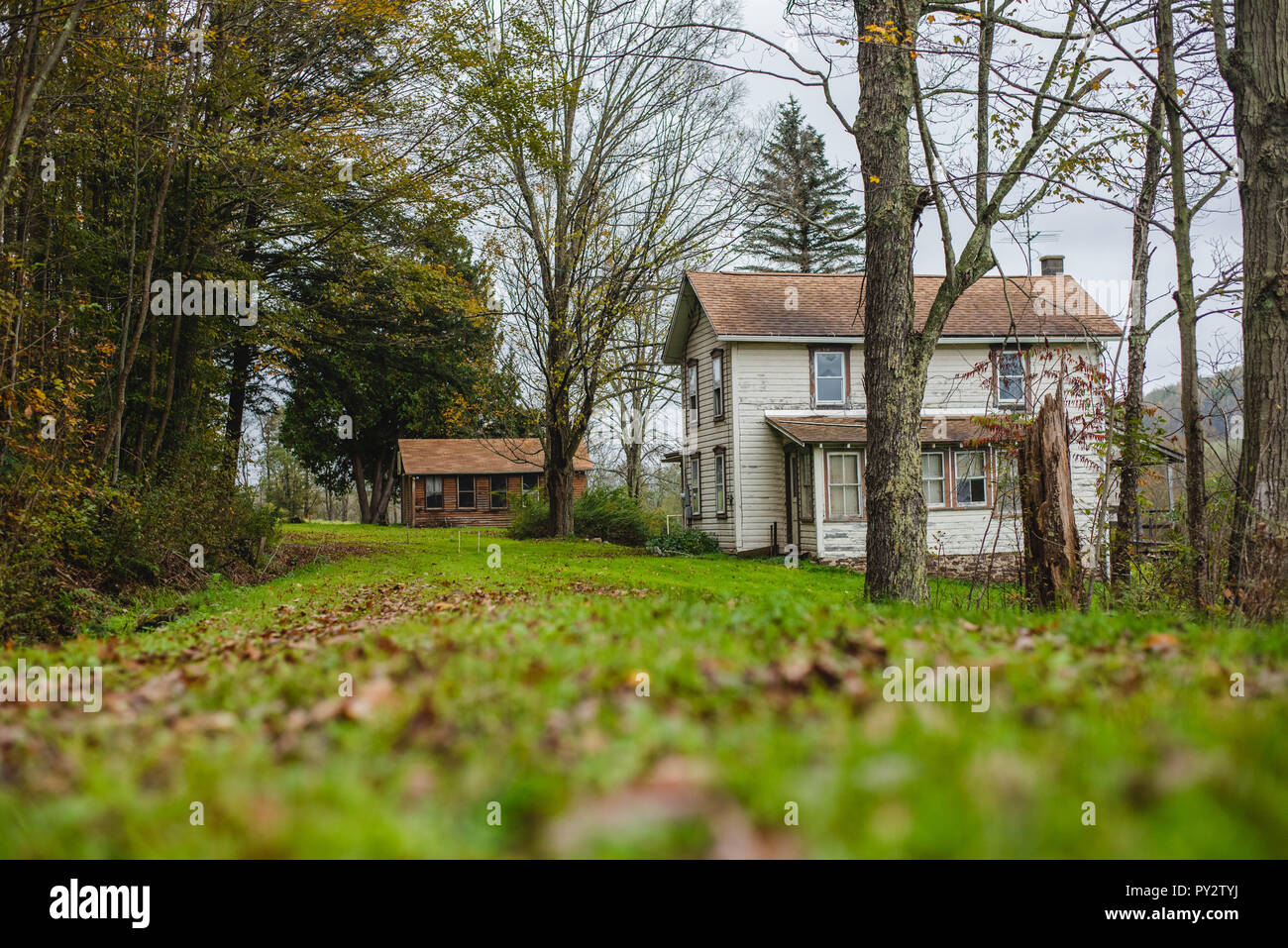 An old, white house on a rural grass covered road in the autumn in Pennsylvania, USA Stock Photo