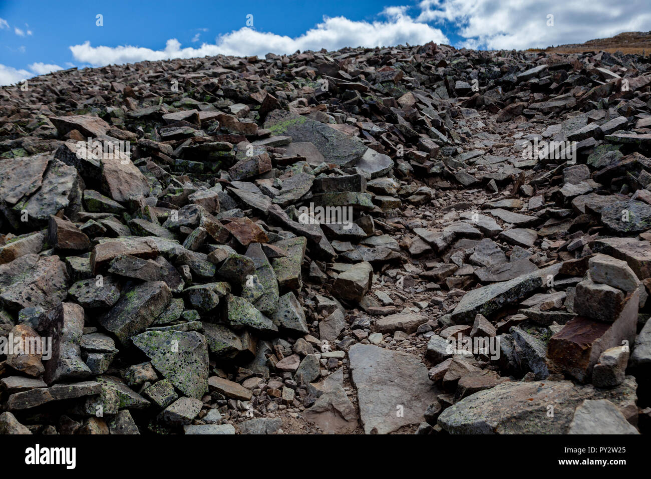 A scree slope (Talus) comprised of various sized of sedimentary rocks near Taylor Lake in the souther Rocky Mountains, Colorado Stock Photo
