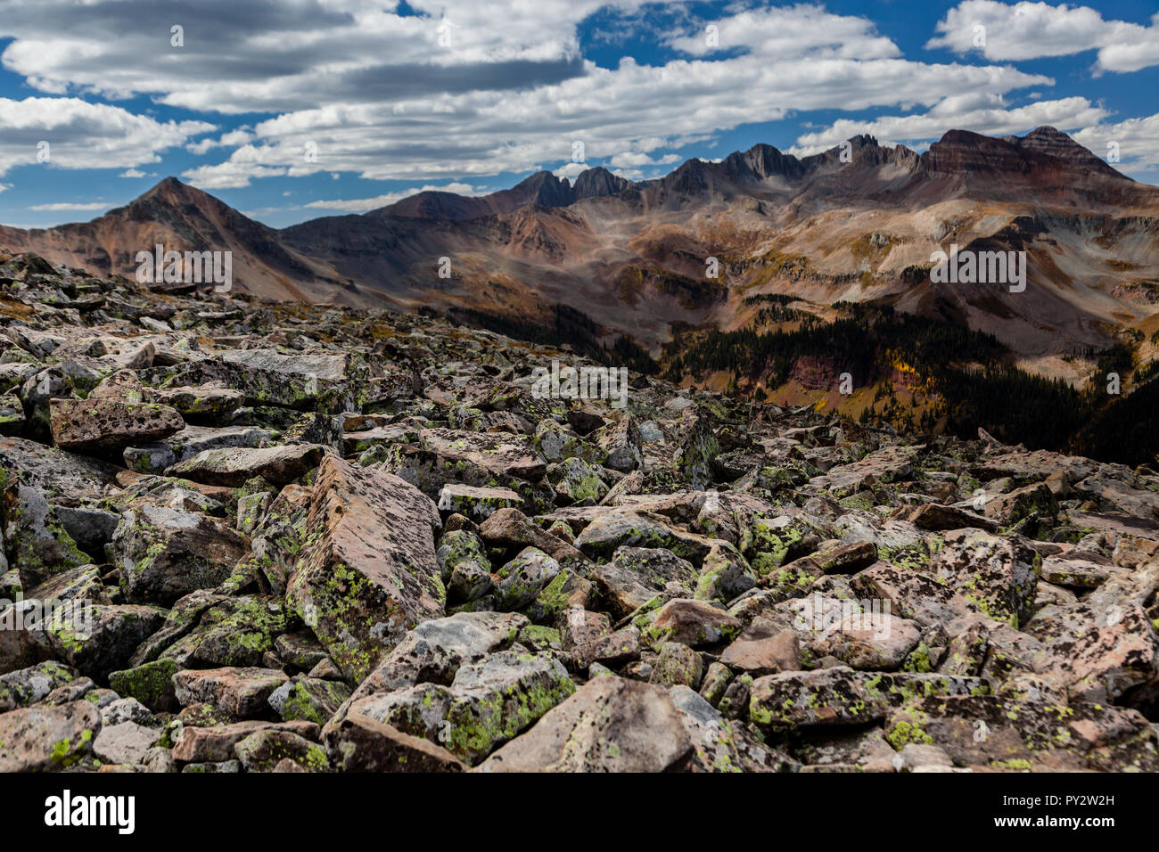 A scree slope (Talus) comprised of various sized of sedimentary rocks near Taylor Lake in the souther Rocky Mountains, Colorado Stock Photo