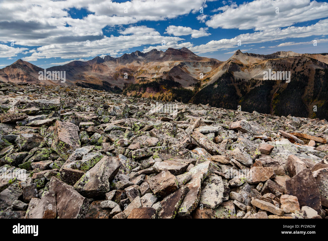 A scree slope (Talus) comprised of various sized of sedimentary rocks near Taylor Lake in the souther Rocky Mountains, Colorado Stock Photo