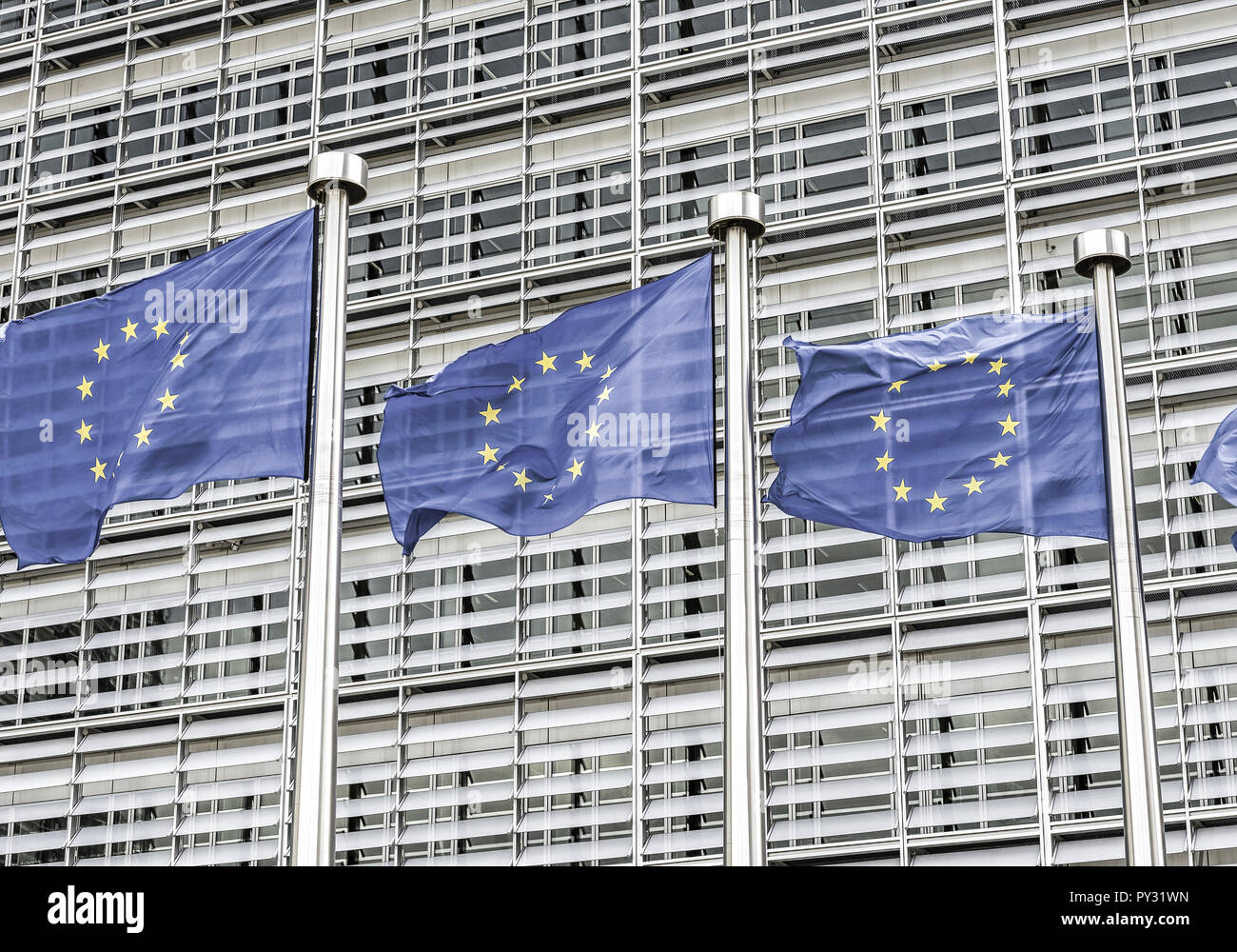 Europaeische Flaggen vor dem Kommissionsgebaeude in Bruessel Stock Photo