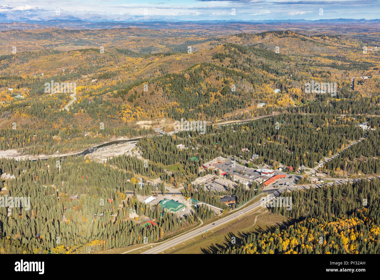 Aerial view of Bragg Creek, Alberta in the foothills west of Calgary. Stock Photo