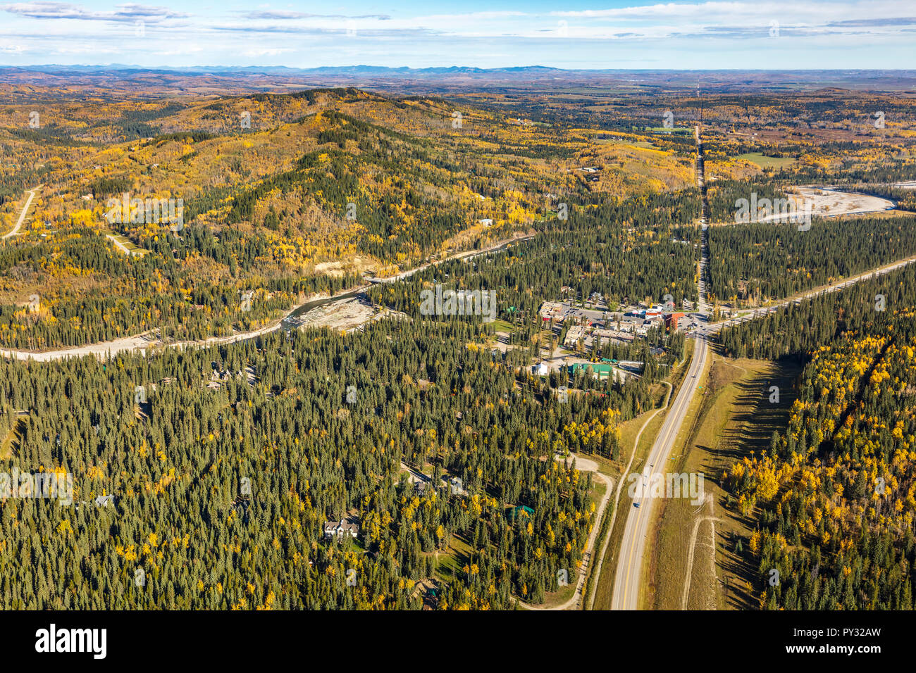 Aerial view of Bragg Creek, Alberta in the foothills west of Calgary from over the Cowboy Trail. Stock Photo