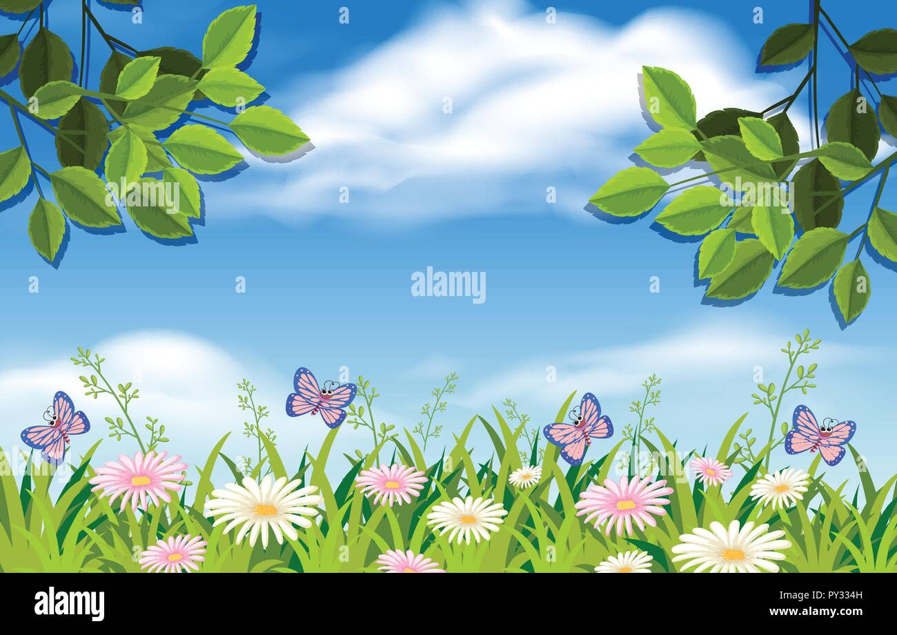 Beautiful Flower Garden and Blue Sky illustration Stock Vector ...