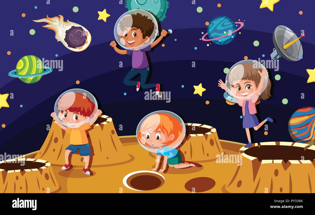 Children astronauts on a planet illustration Stock Vector