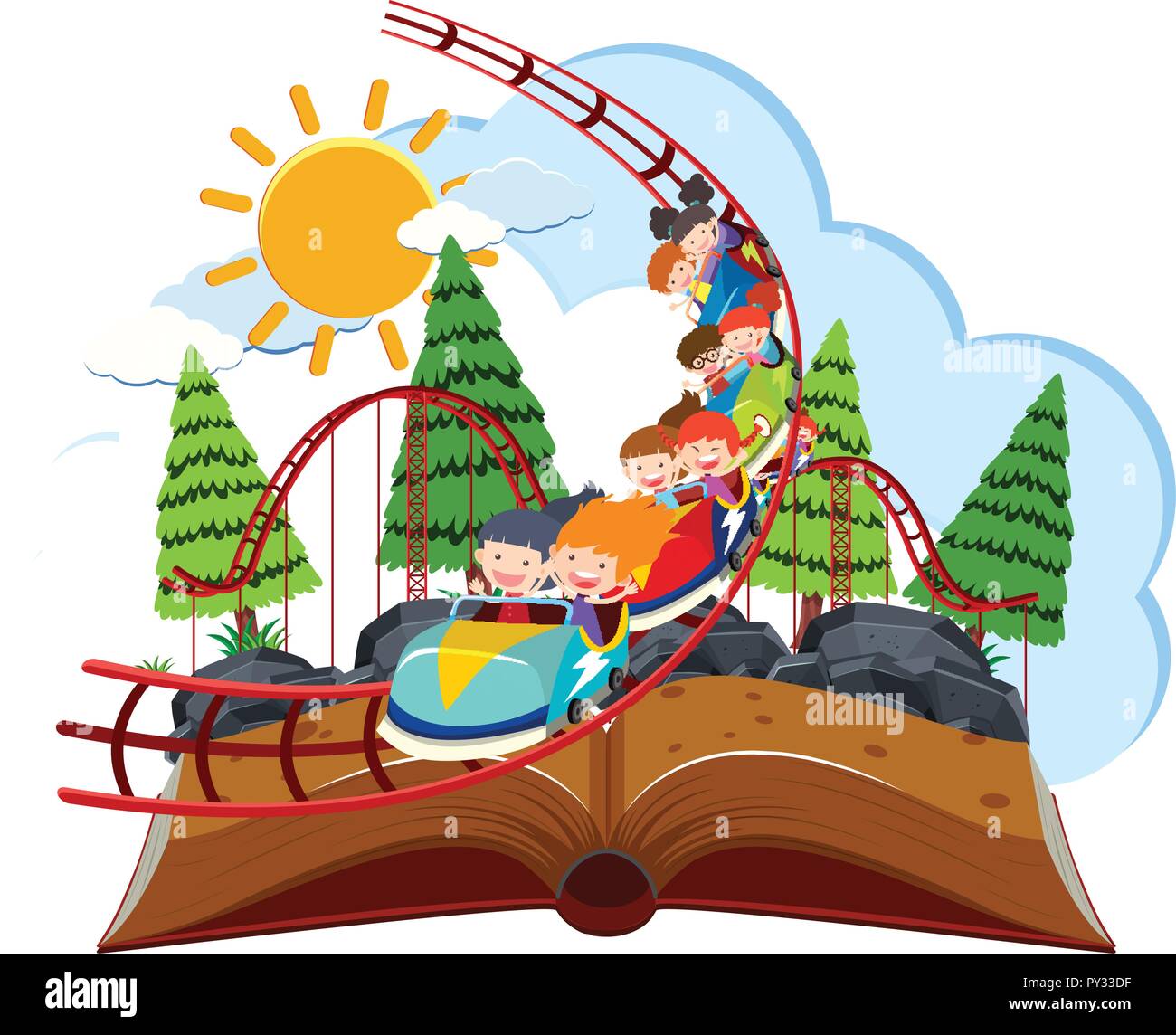 Rollacoaster theme park on pop up book illustration Stock Vector