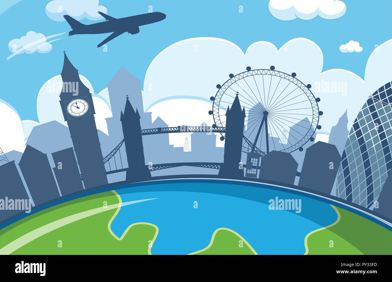 london city line with plane illustration Stock Vector