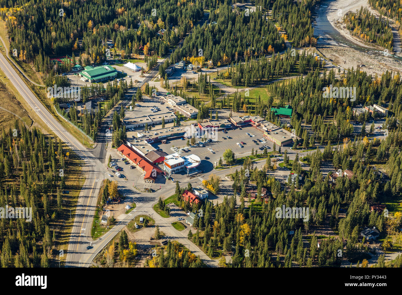 Aerial  view of the hamlet of Bragg Creek, Alberta Stock Photo