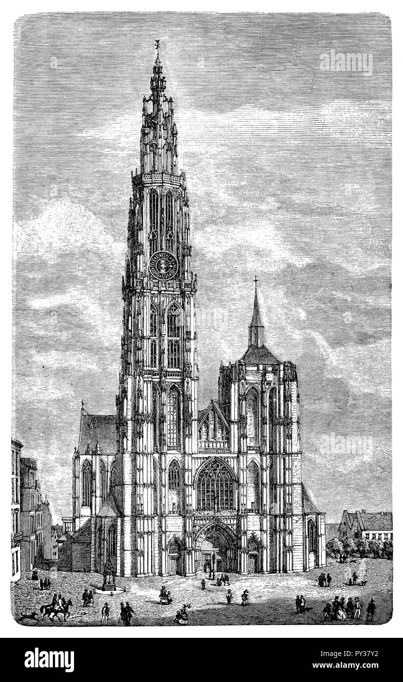 Antwerp Cathedral: Facade,   1870 Stock Photo