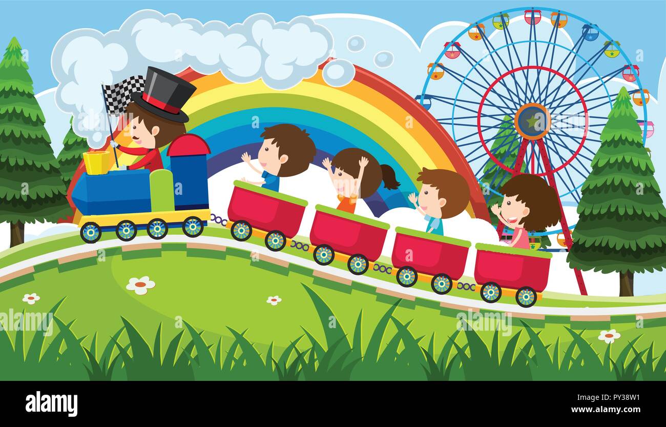 Children riding a train in fun park illustration Stock Vector Image