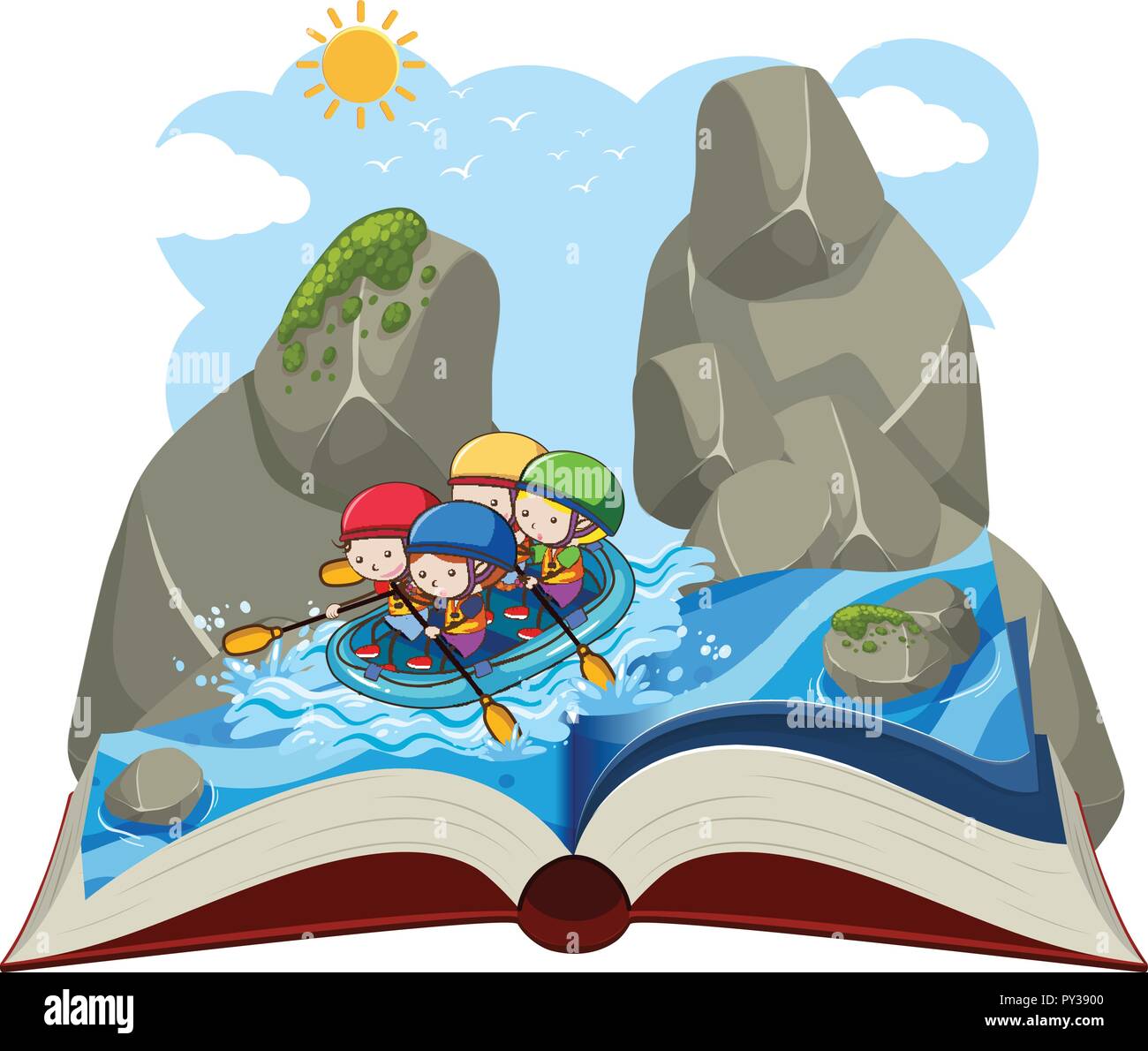 People water rafting on a pop up book illustration Stock Vector