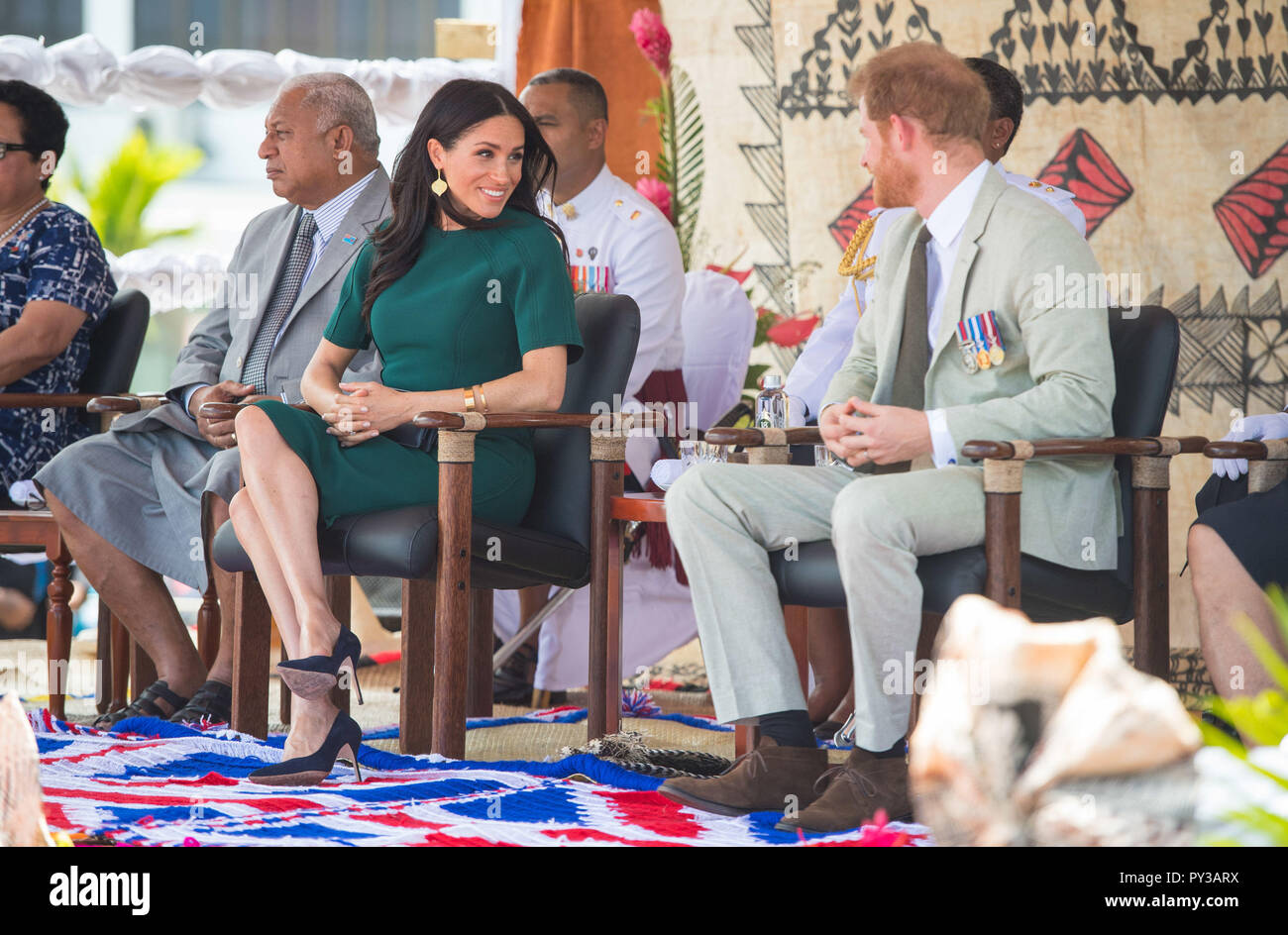 The Duke and Duchess of Sussex attend the unveiling of a statue commemorating Sergeant Talaiasi Labalaba, at Nadi Airport, in Nadi, Fiji, on day three of the royal couple's visit to Fiji. Stock Photo