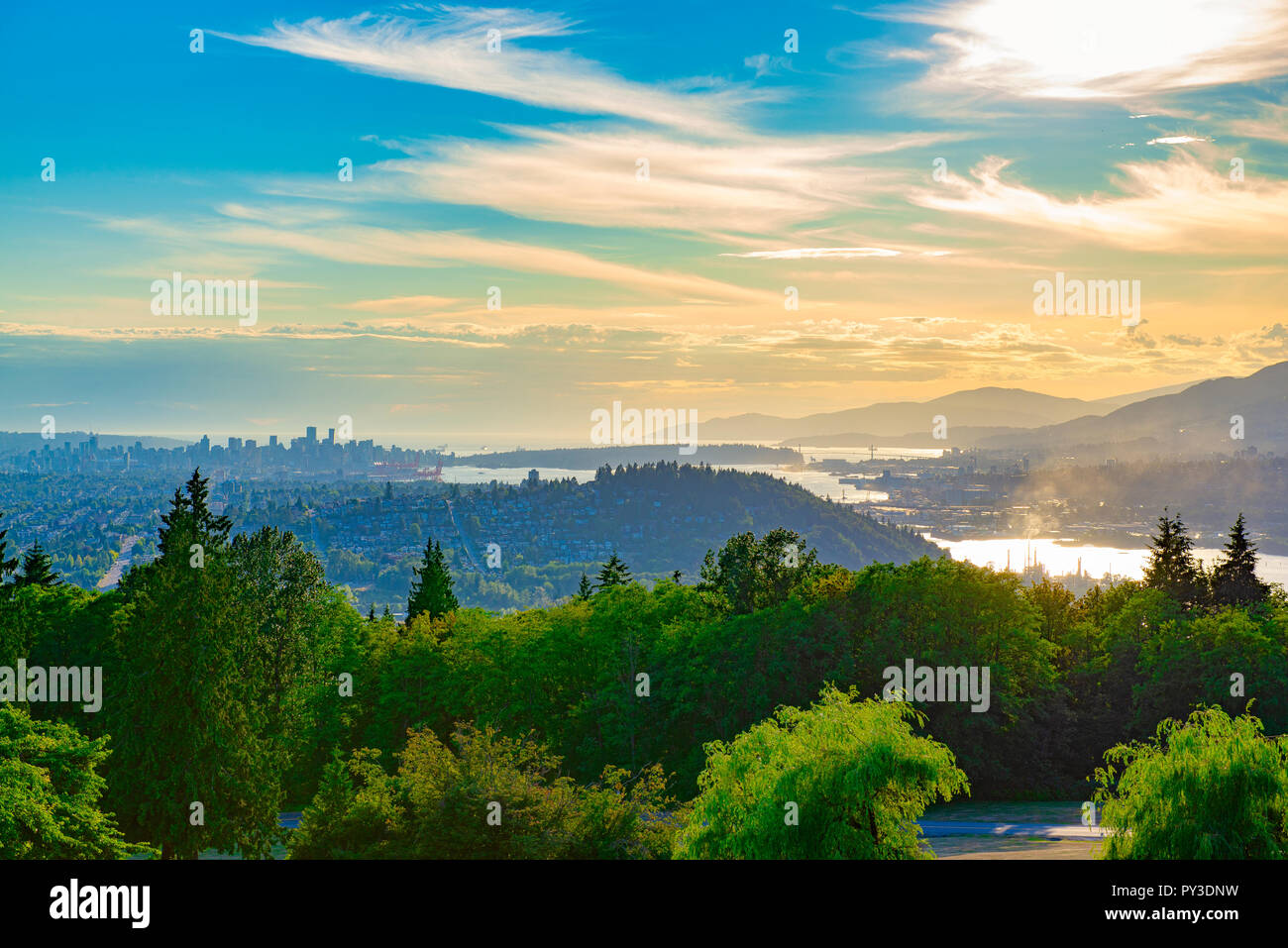 Aerial view of Burnaby Mountain at sunset overlooking Vancouver Harbour