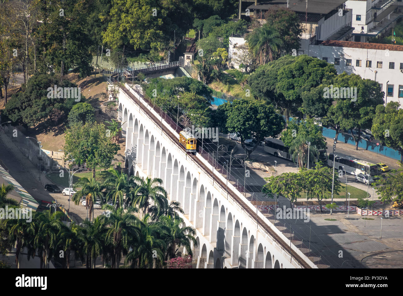 Aerial view of Arcos da Lapa Arches and Santa Teresa Tram - Rio de Janeiro, Brazil Stock Photo
