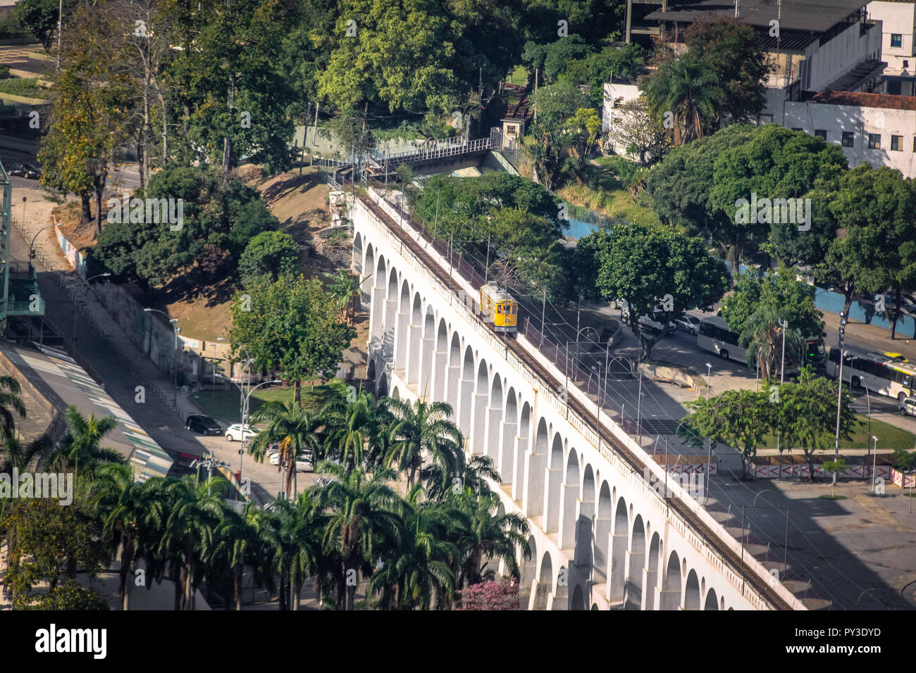 Aerial view of Arcos da Lapa Arches and Santa Teresa Tram - Rio de Janeiro, Brazil Stock Photo