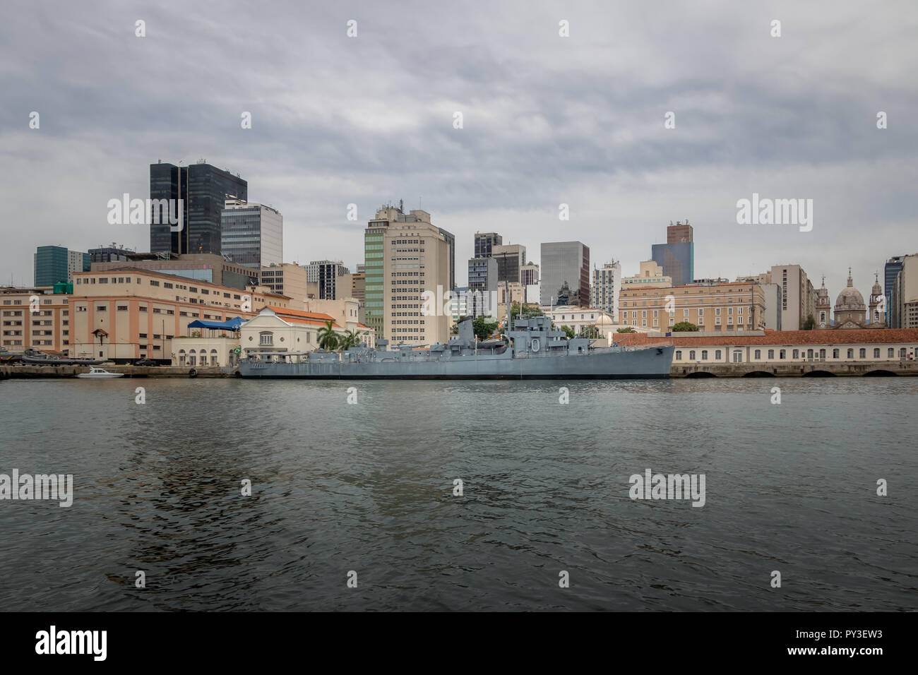 Downtown Rio de Janeiro skyline with an old submarine from Guanabara Bay - Rio de Janeiro, Brazil Stock Photo