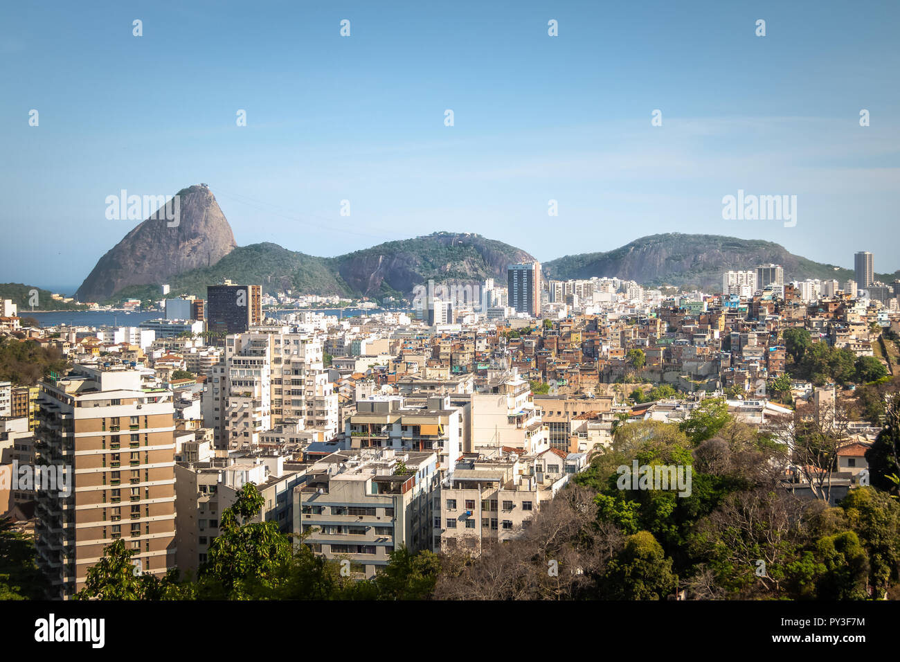Aerial view of dowtown Rio de Janeiro and Sugar Loaf Mountain from Santa Teresa Hill - Rio de Janeiro, Brazil Stock Photo
