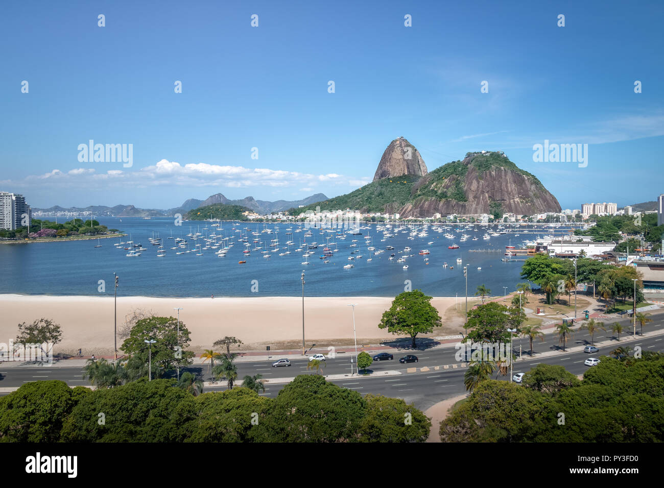 Aerial view of Botafogo, Guanabara Bay and Sugar Loaf Mountain - Rio de Janeiro, Brazil Stock Photo