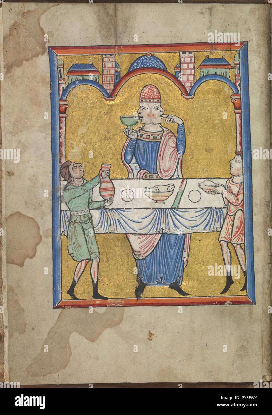 Calendar, January, a two-faced man dining - Psalter of Eleanor of Aquitaine (ca. 1185) - KB 76 F 13, folium 001v. Stock Photo