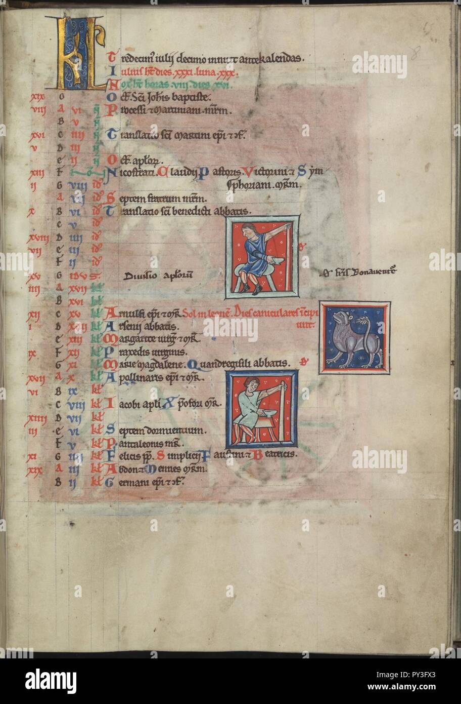 Calendar, July, Two bloodlettings, inbetween Leo - Psalter of Eleanor of Aquitaine (ca. 1185) - KB 76 F 13, folium 008r. Stock Photo
