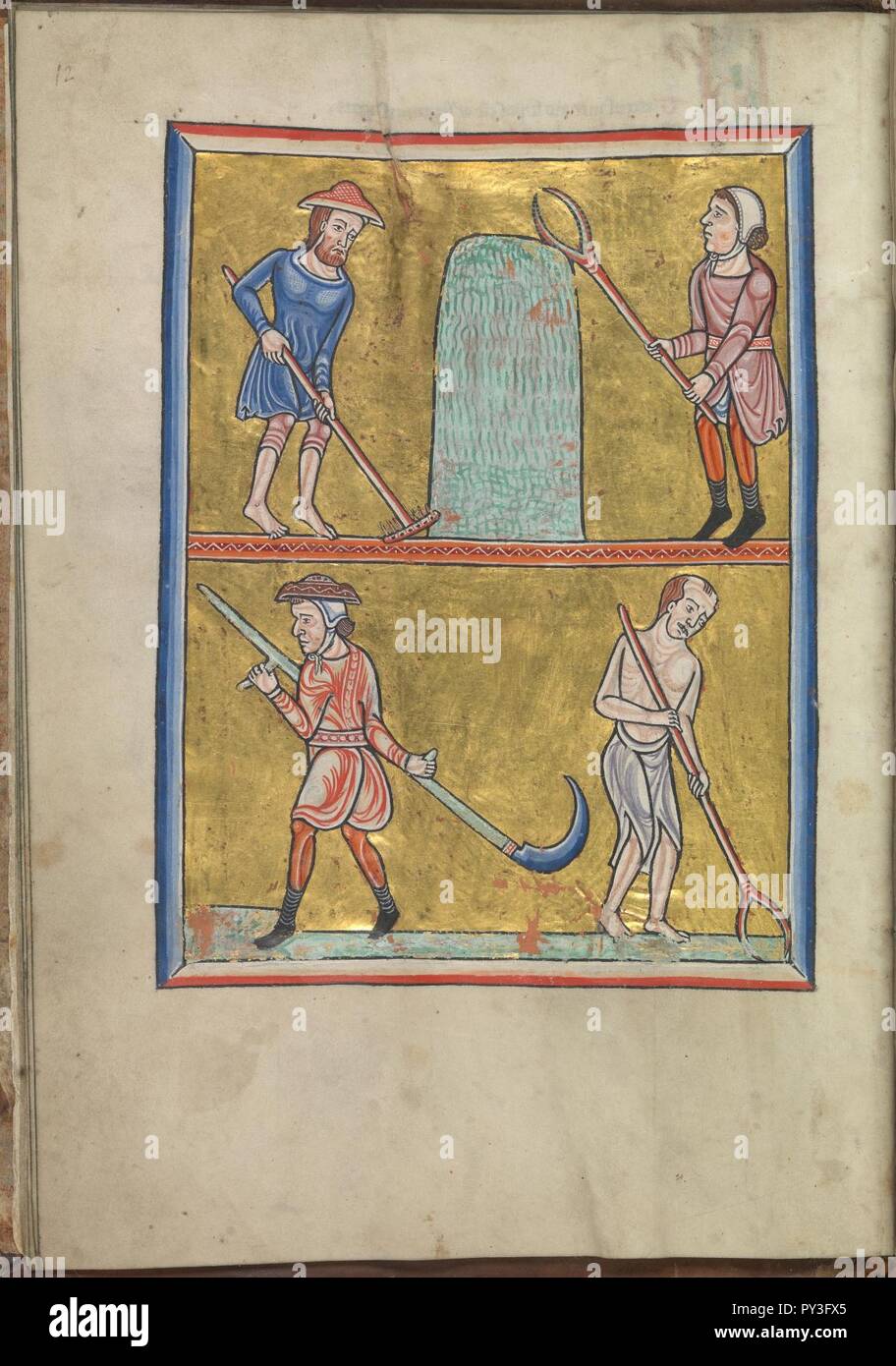 Calendar, June, men mowing and turning grass and making haystacks - Psalter of Eleanor of Aquitaine (ca. 1185) - KB 76 F 13, folium 006v. Stock Photo