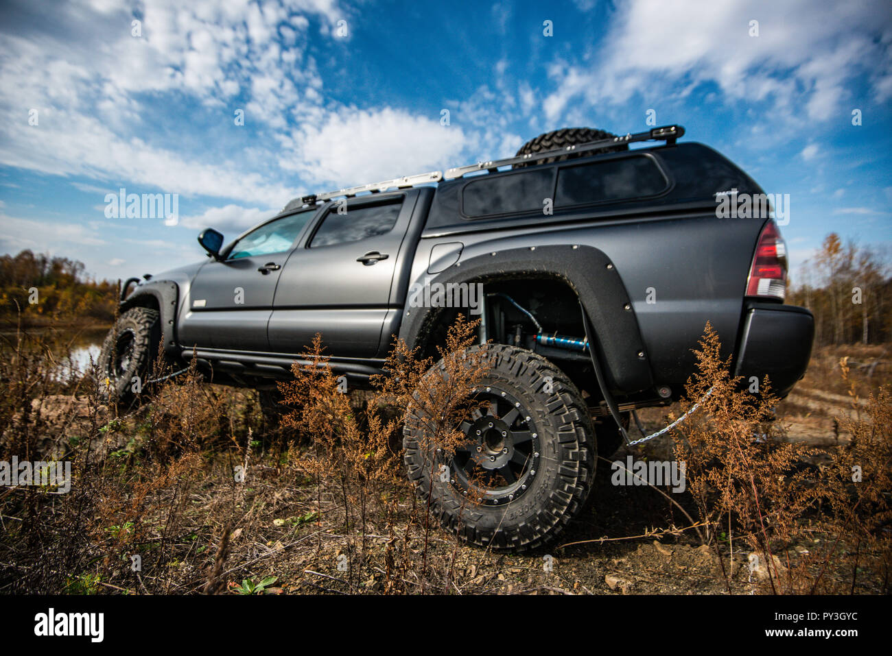 KHABAROVSK, RUSSIA - october 7, 2018: Toyota Tacoma quick ride on a offroad Stock Photo