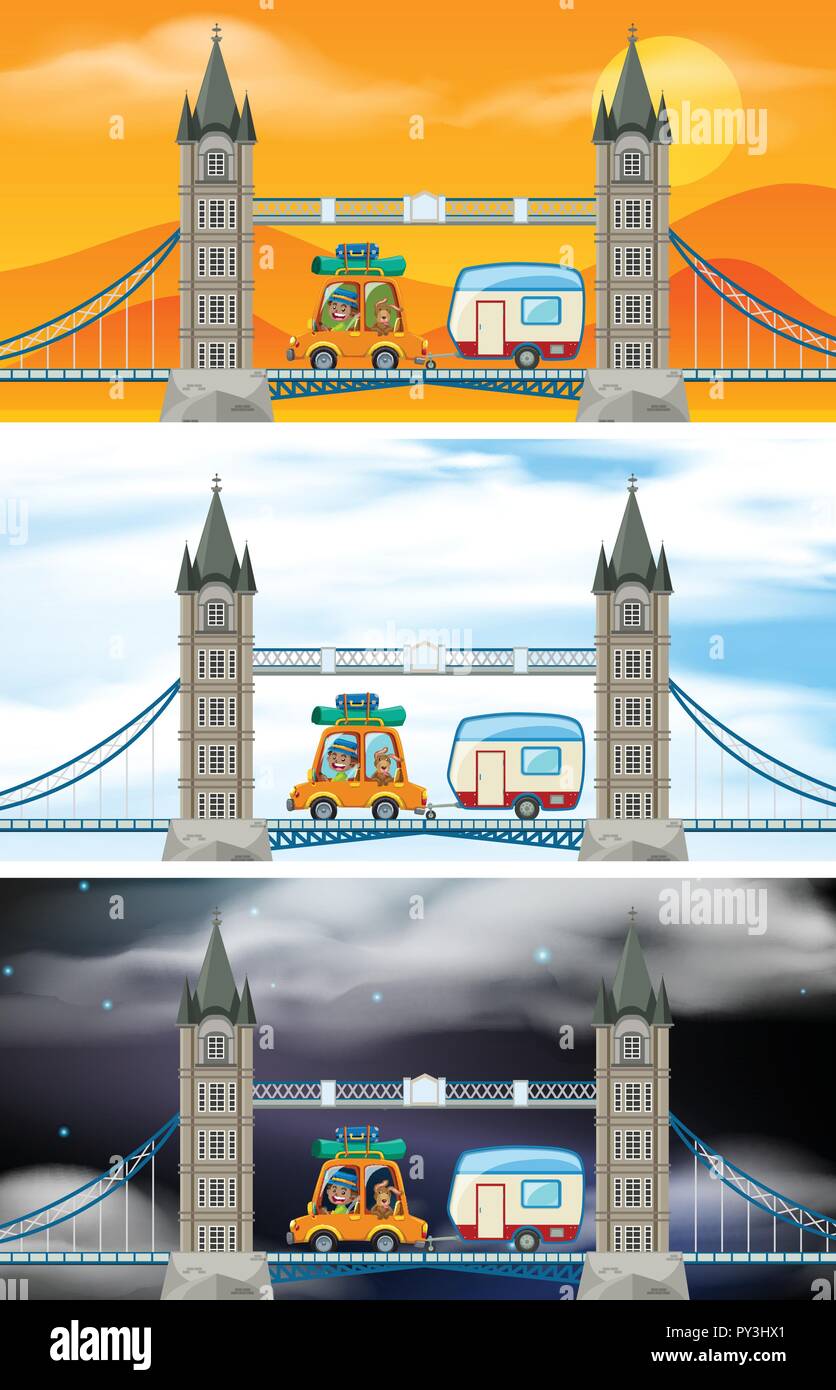 Set of London bridge scenes illustration Stock Vector