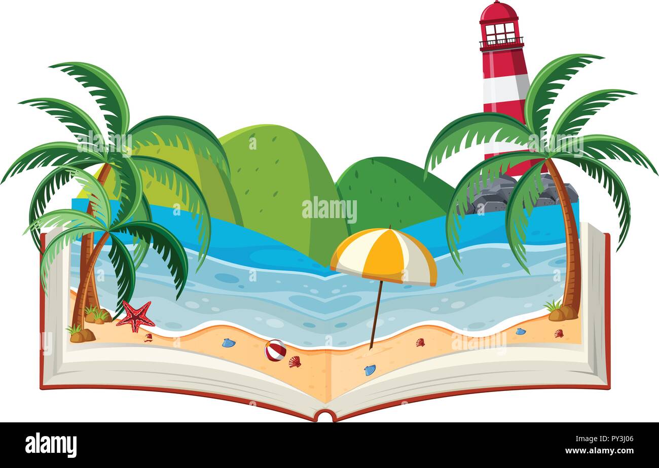 A 3D Book Beach Theme illustration Stock Vector