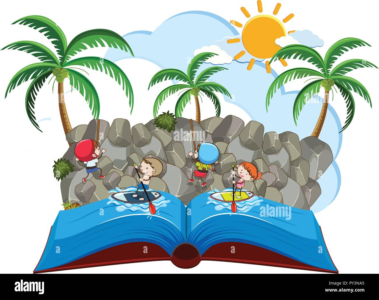 Rock climbing and paddle boarding pop up book illustration Stock Vector