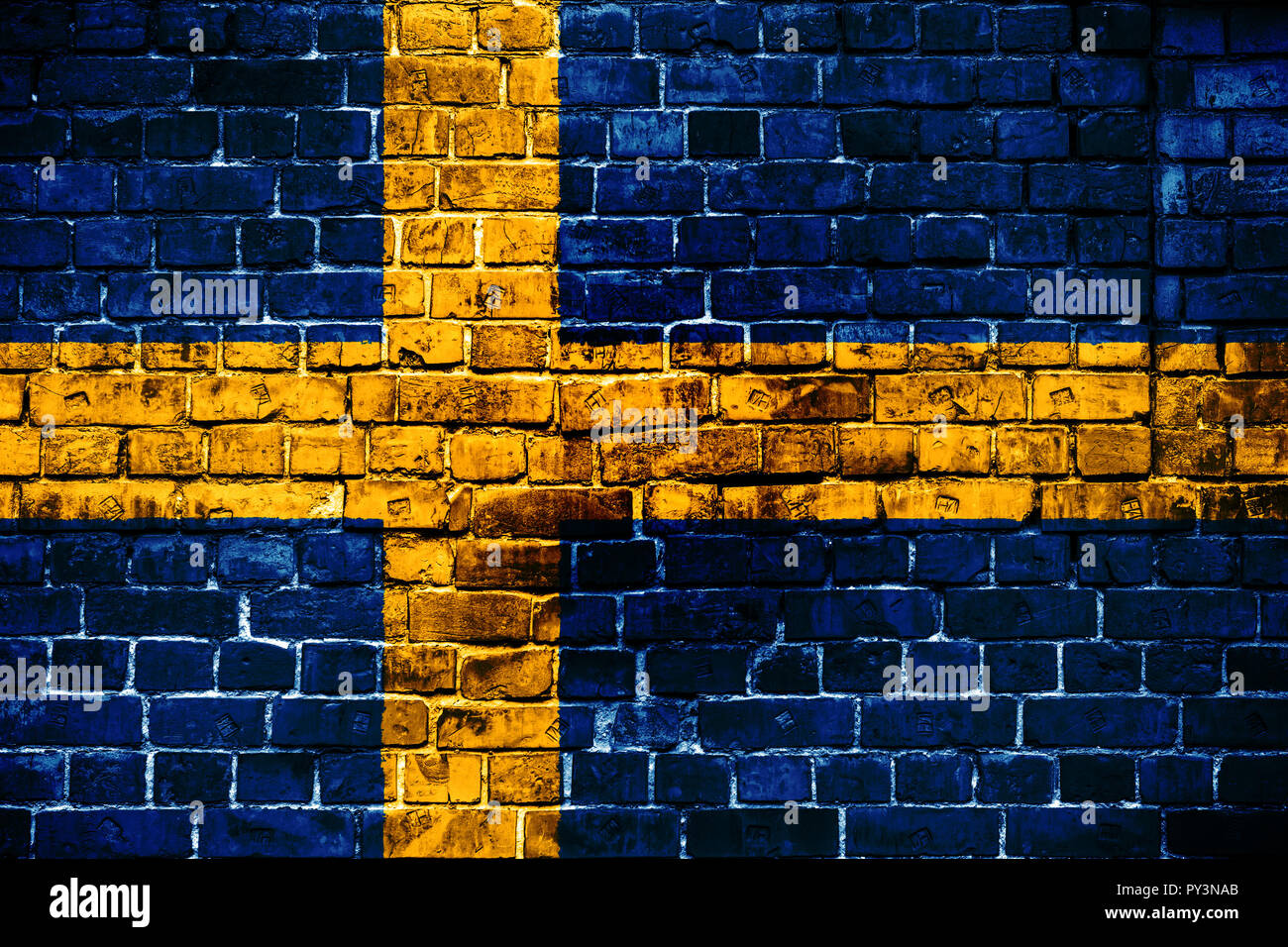 National flag of Sweden on a brick background. Concept image for Sweden: language , people and culture. Stock Photo