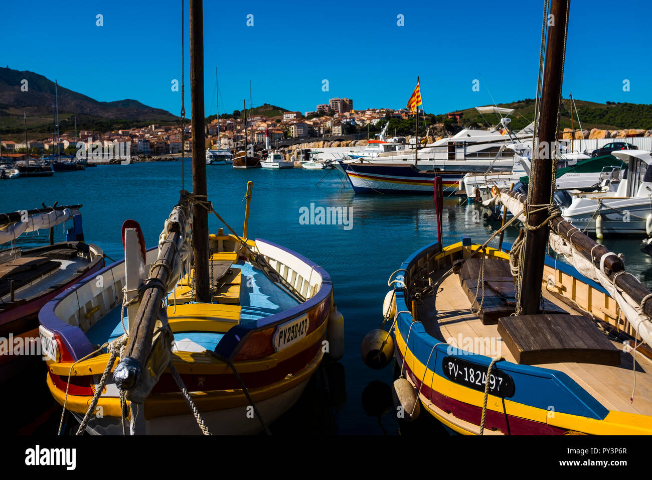 Traditional Catalan wooden fishing boats in the harbour in Banyuls Sur Mer,  Cote Vermeille, Pyrenees Orientale, France. Stock Photo