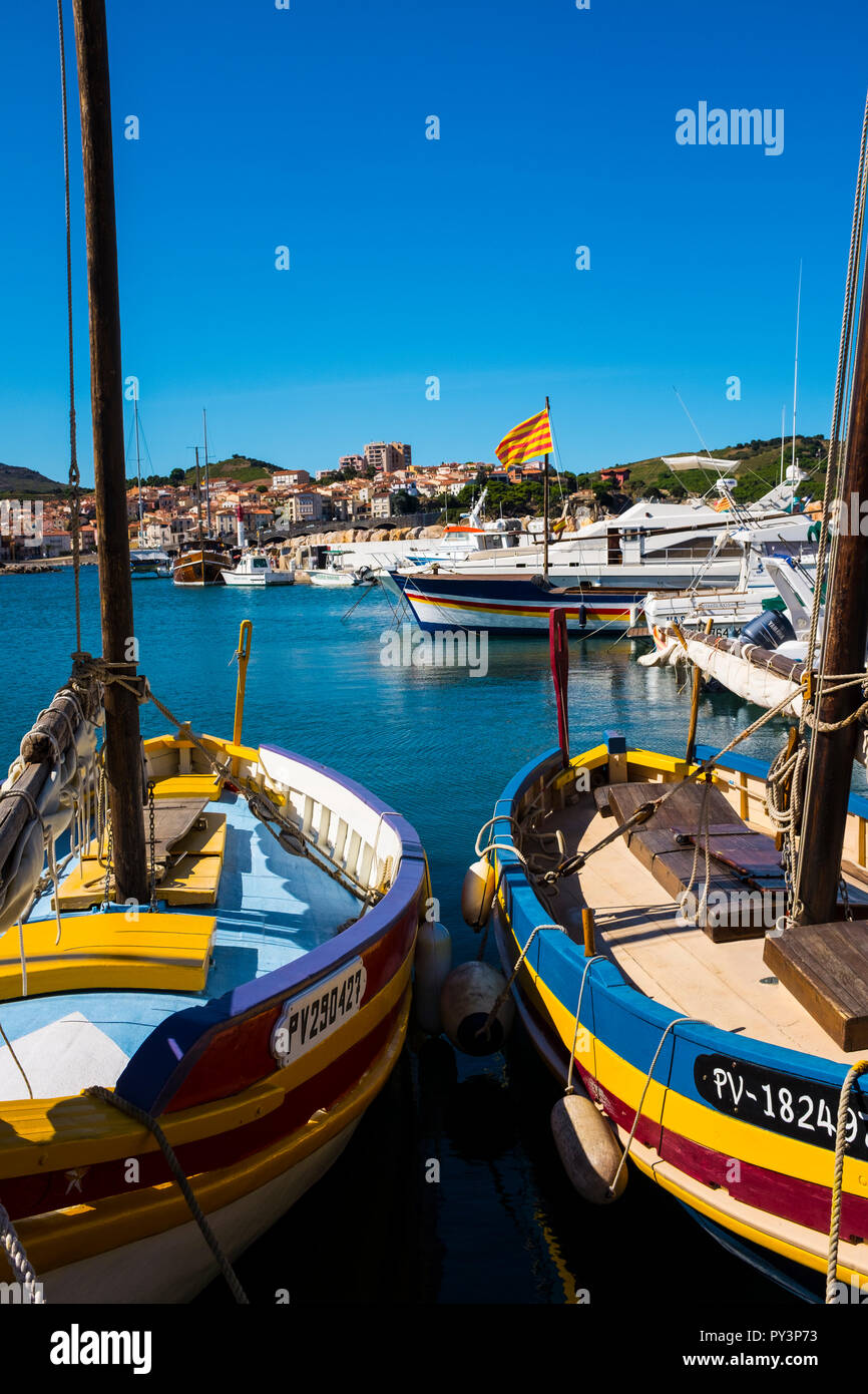 Traditional Catalan wooden fishing boats in the harbour in Banyuls Sur Mer,  Cote Vermeille, Pyrenees Orientale, France. Stock Photo