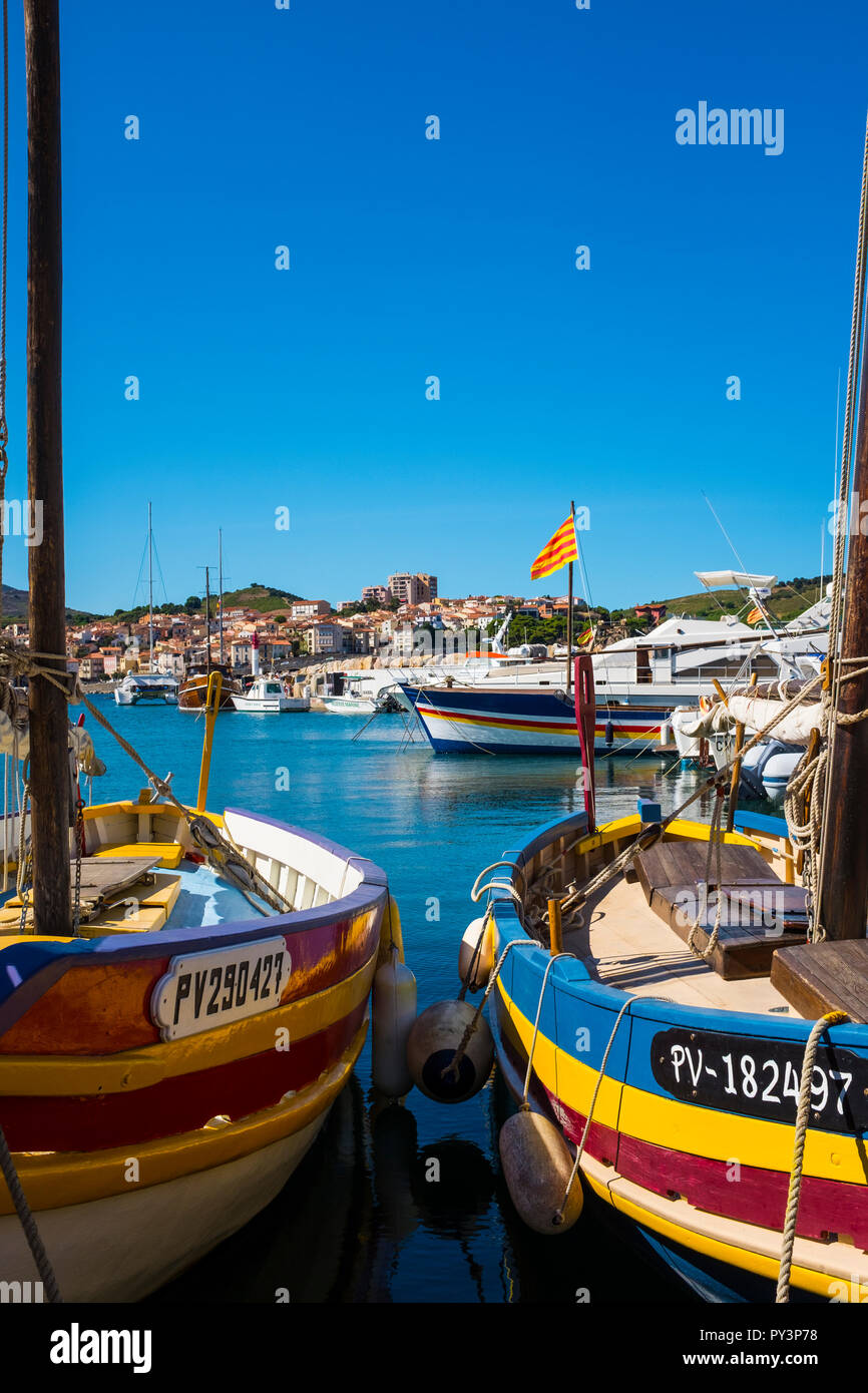 Traditional Catalan wooden fishing boats in the harbour in Banyuls Sur Mer,  Cote Vermeille, Pyrenees Orientale, France. Stock Photo