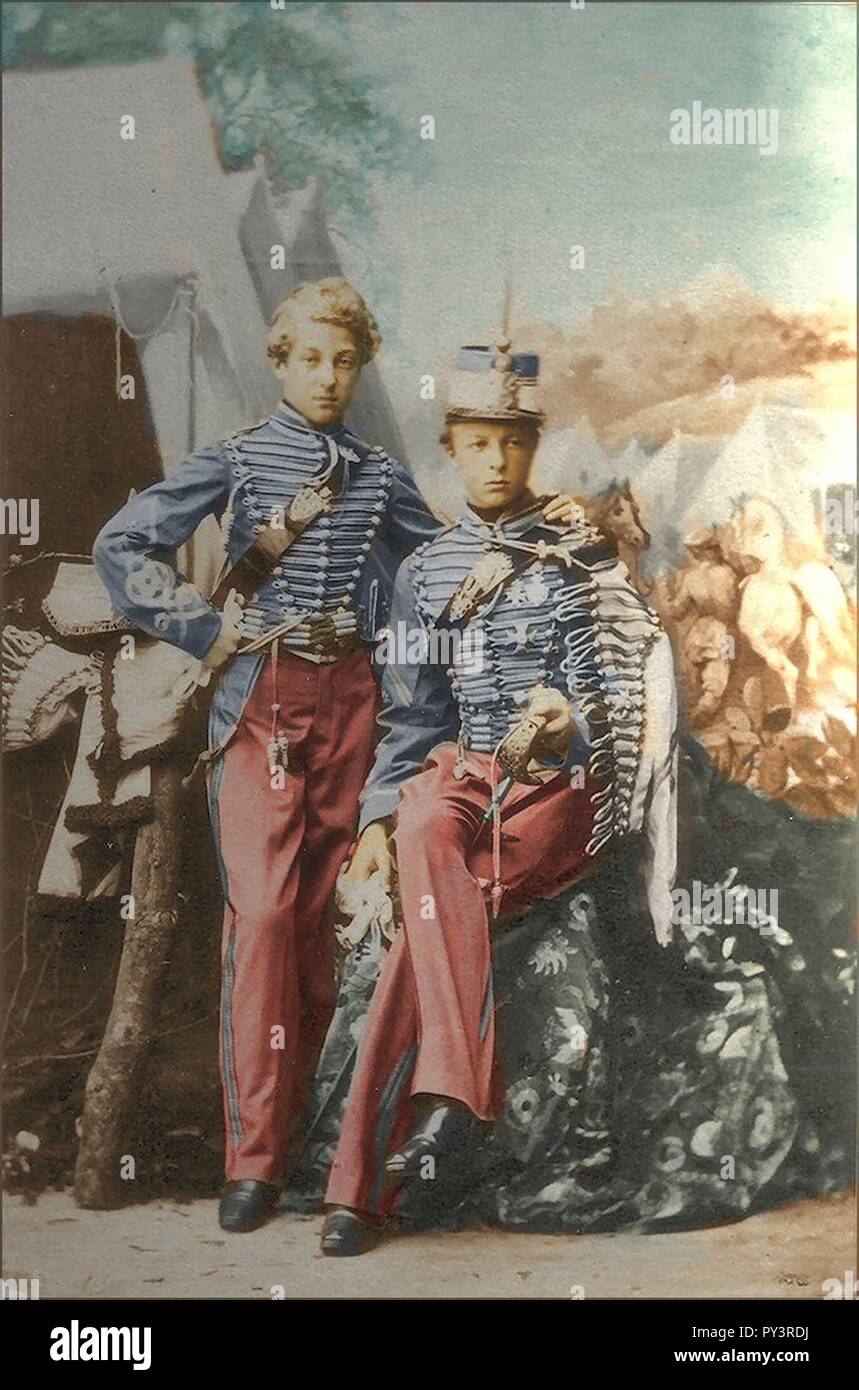 Camille Silvy of Prince Ferdinand of Orléans, Duke of Alençon (L) and Prince Gaston of Orléans, Count of Eu (R) as Spanish Hussars (1861). Stock Photo