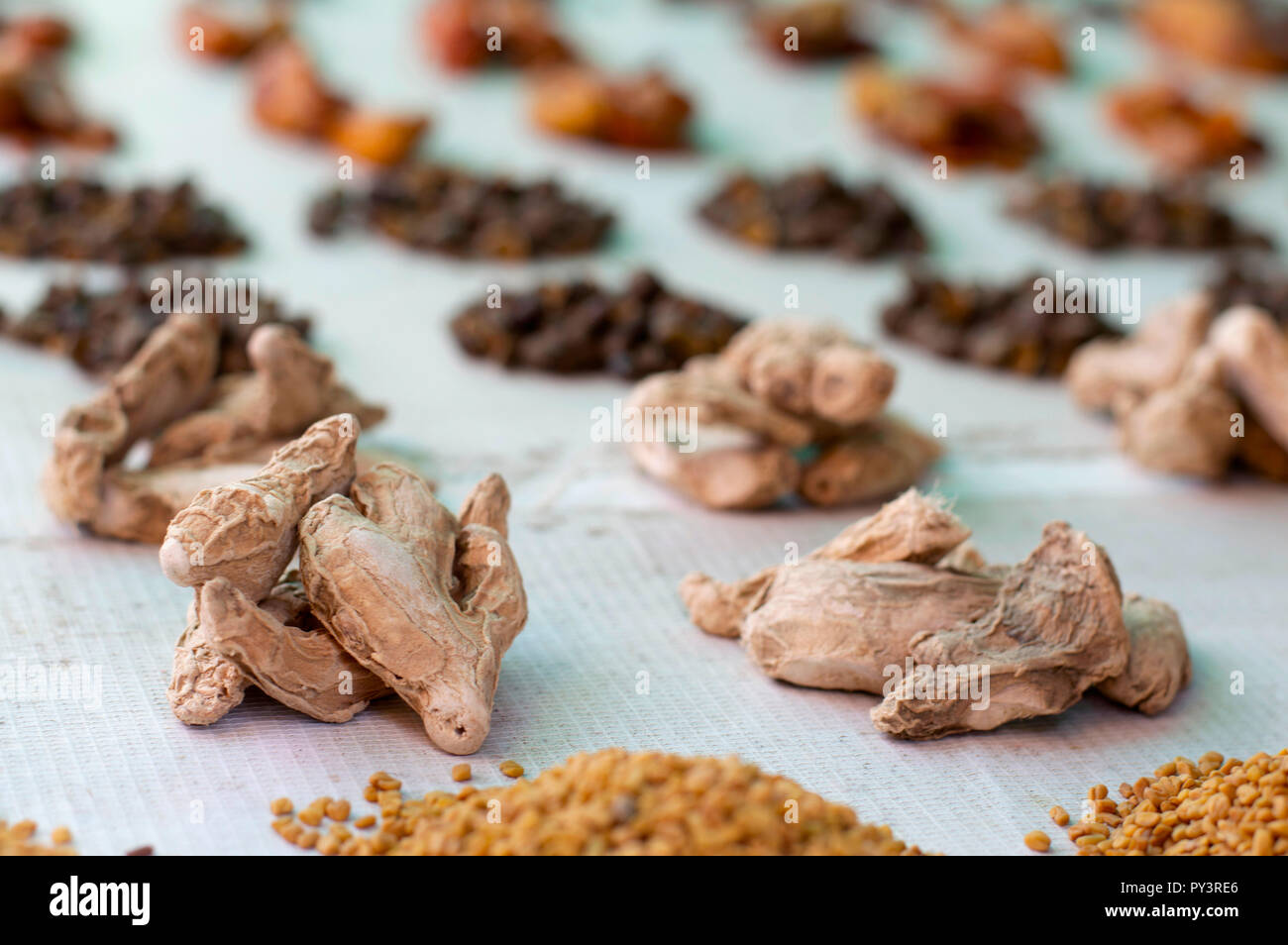 Set of different Indian spices for sale in local market, Pune Maharashtra. Stock Photo