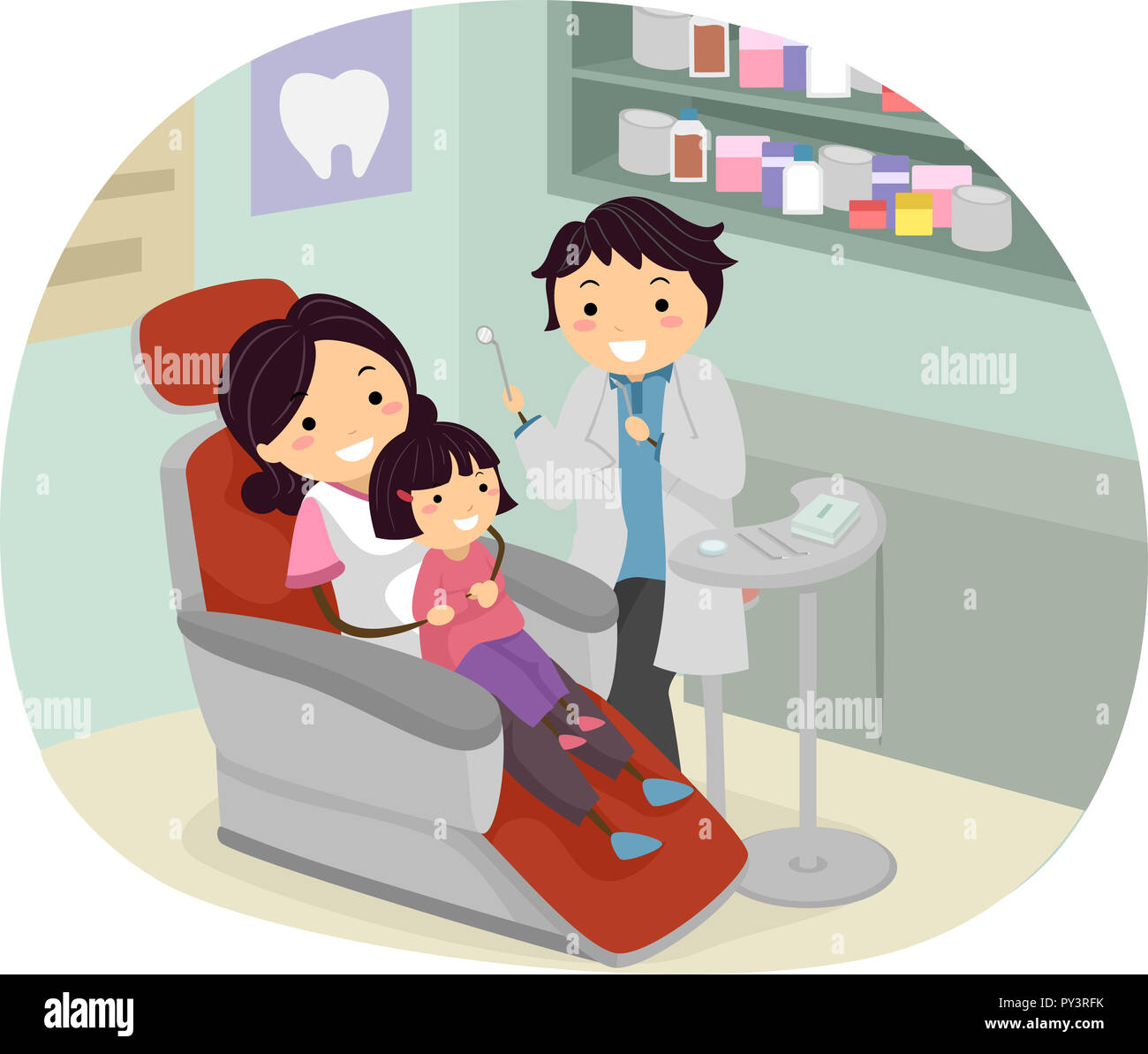 Illustration of Stickman Kid Sitting On Her Moms Lap Sitting On a Dentist Chair Stock Photo