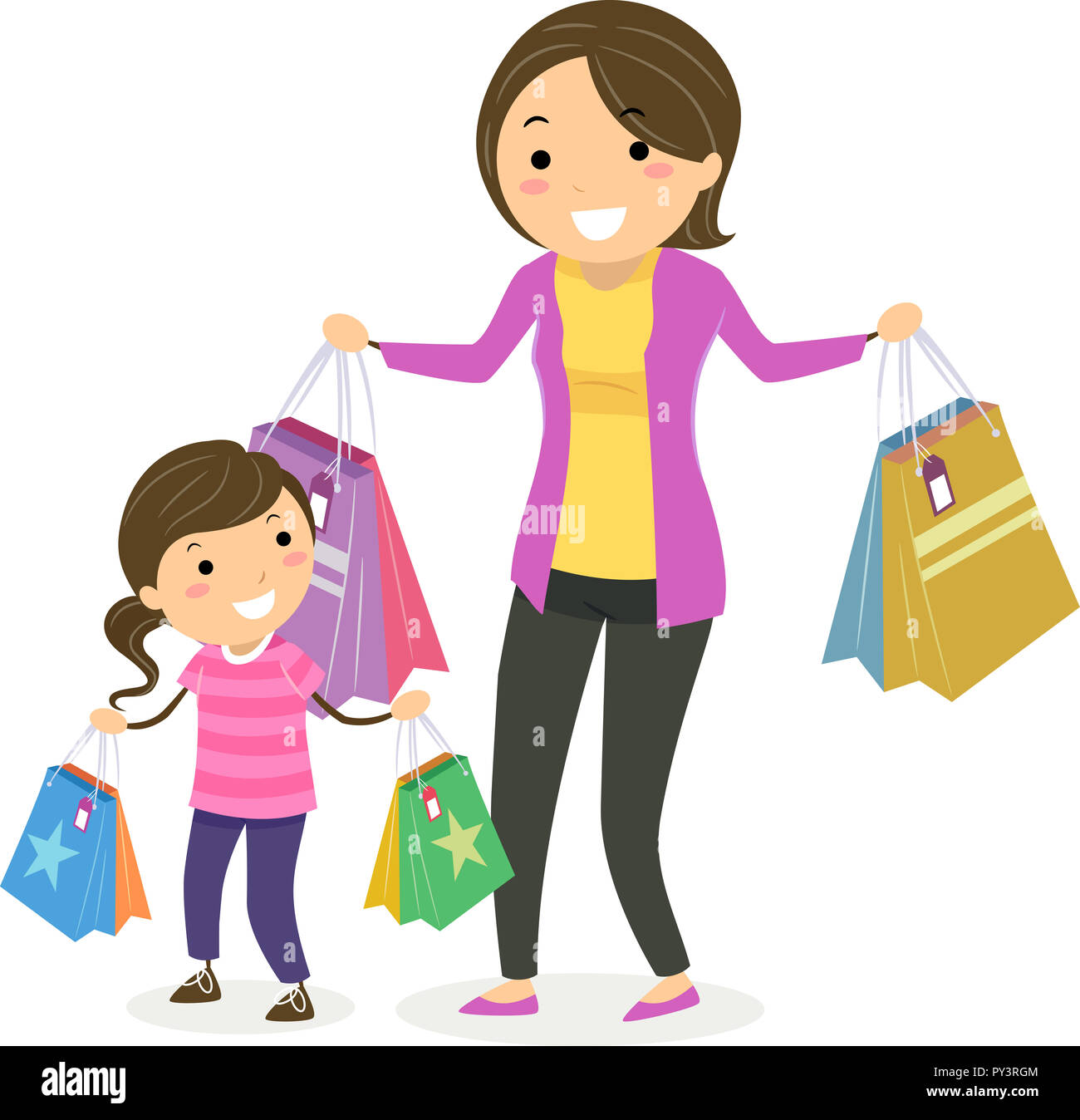 Illustration of Stickman Kid Girl with Mother Carrying Shopping Bags ...