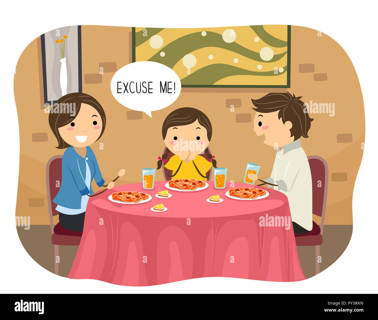 Illustration of Stickman Kid Girl Saying Excuse Me During a Meal in a  Restaurant Stock Photo - Alamy