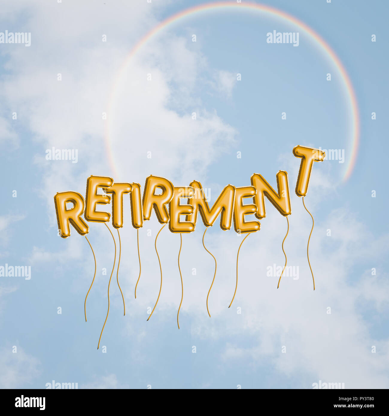 Happy retirement concept, blue sky, rainbow, balloons. Freedom, dreams and hopes with text word. Bright optimistic future. Stock Photo