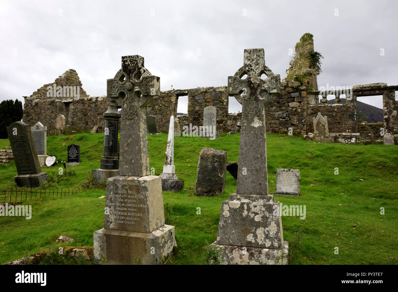 Gravestones in the graveyard of Cill Chriosd / Kilchrist Church on the Isle of Skye, Inner Hebrides, Scotland, United Kingdom Stock Photo