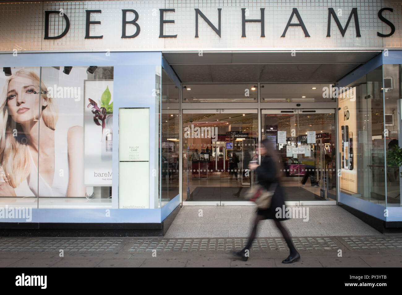 Debenhams department store in Oxford Street, central London. Debenhams has unveiled plans to axe up to 50 high street shops, putting around 4,000 jobs at risk, as the struggling department store chain swung to a near £500 million loss. Stock Photo