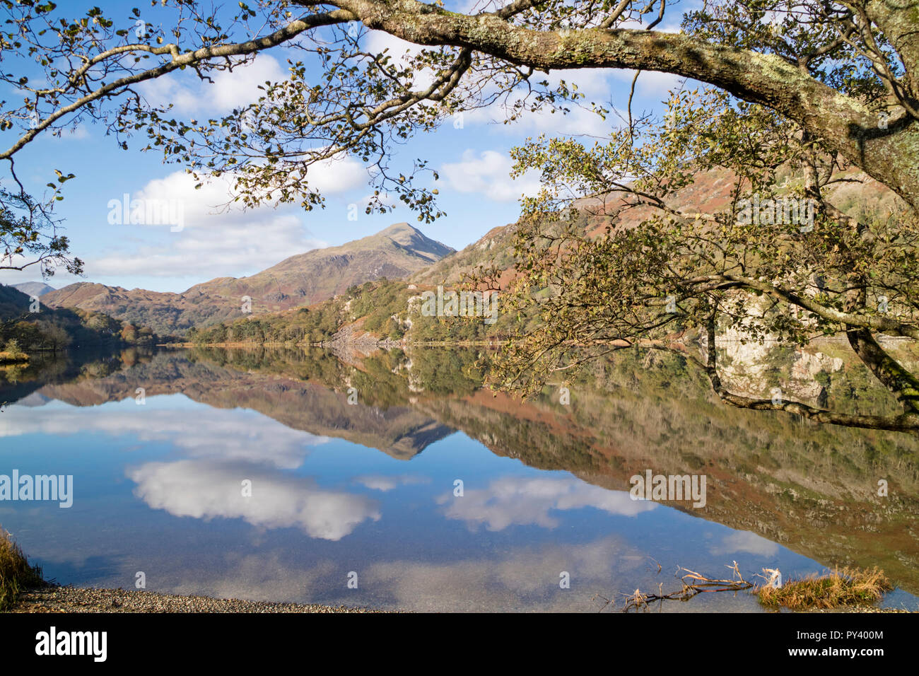 Reflections on Llyn Gwynant in the Nant Gwynant Valley, Snowdonia National Park, North Wales, UK Stock Photo