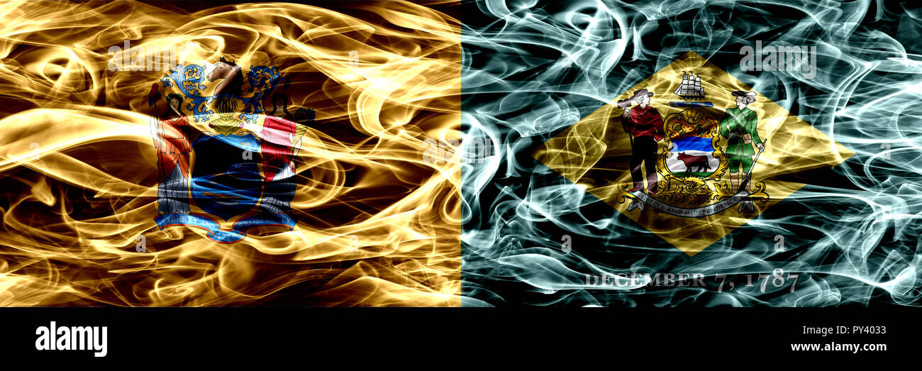 New Jersey vs Delaware colorful concept smoke flags placed side by side