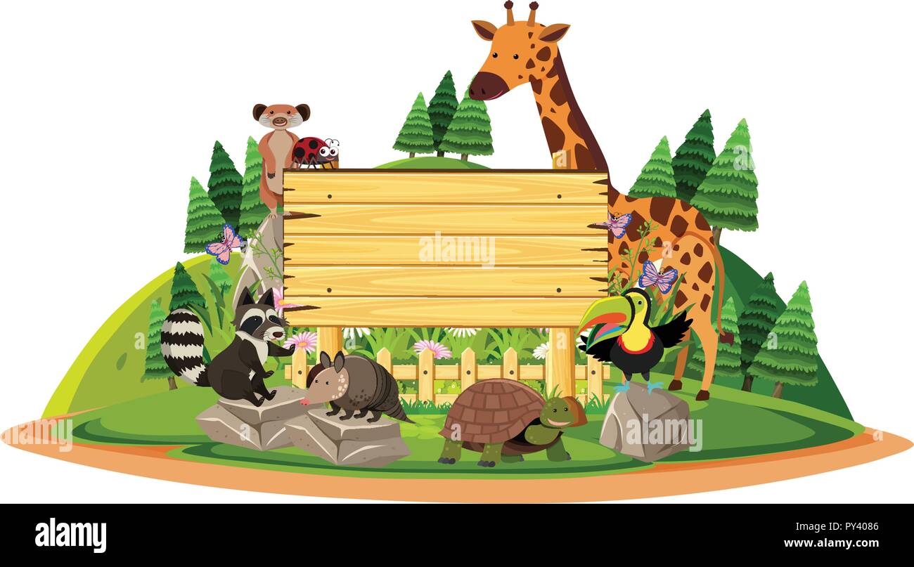Wooden sign with wild animals illustration Stock Vector