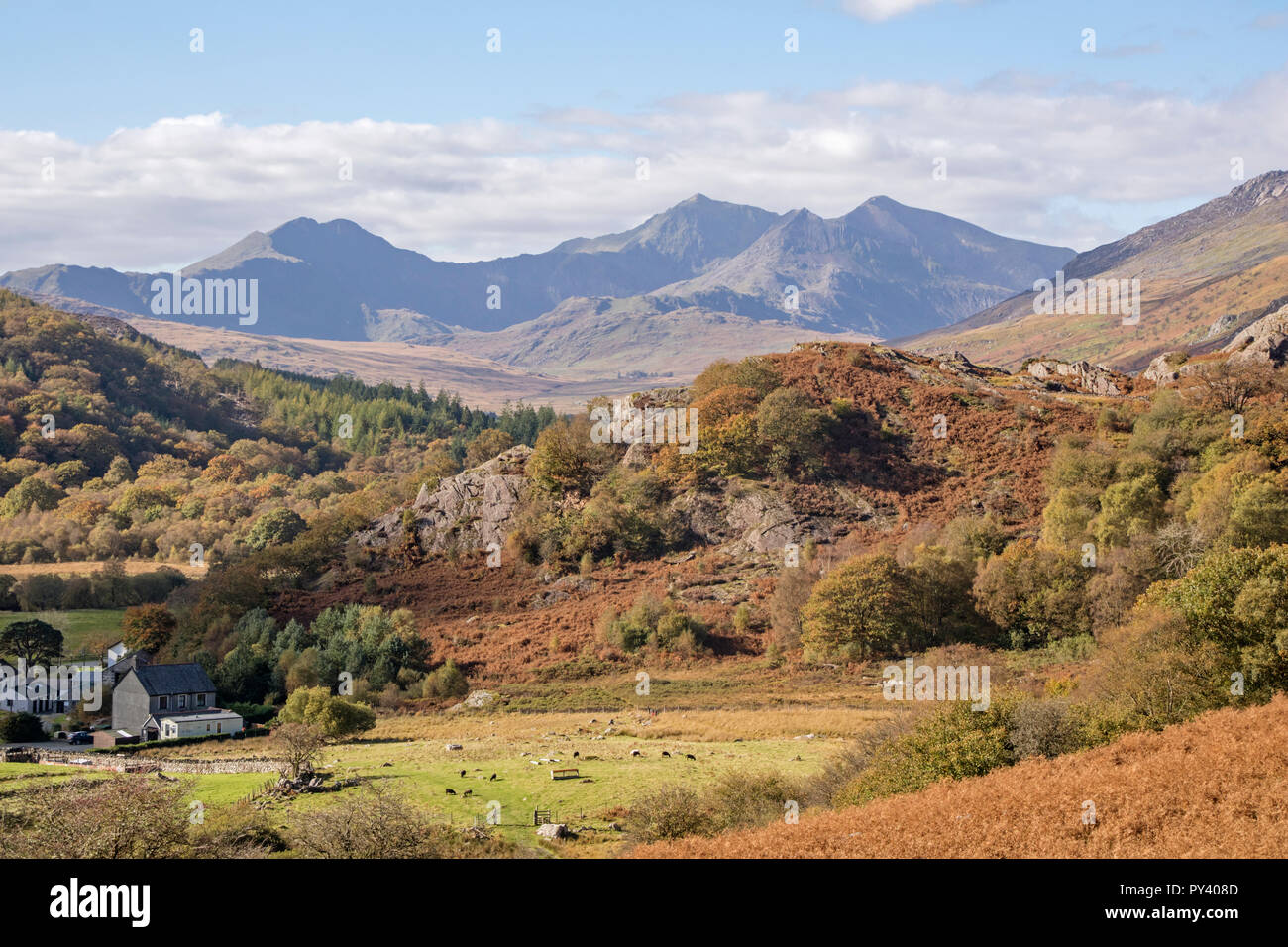 The Snowdon Horseshoe range from above Capel Curig, Snowdonia National Park, North Wales, UK Stock Photo